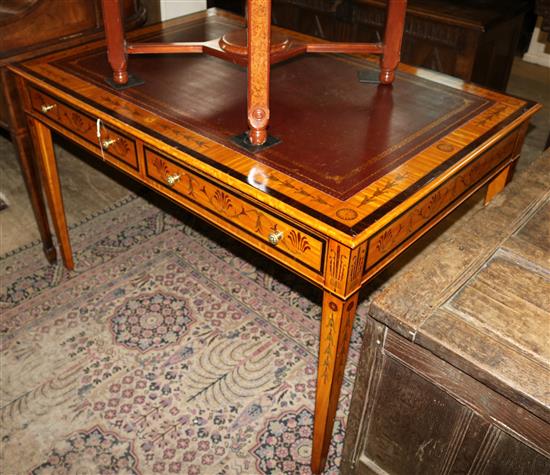 Sheraton revival inlaid satinwood writing table, W.4ft 1in. D.2ft 9in. H.2ft 6in.(-)